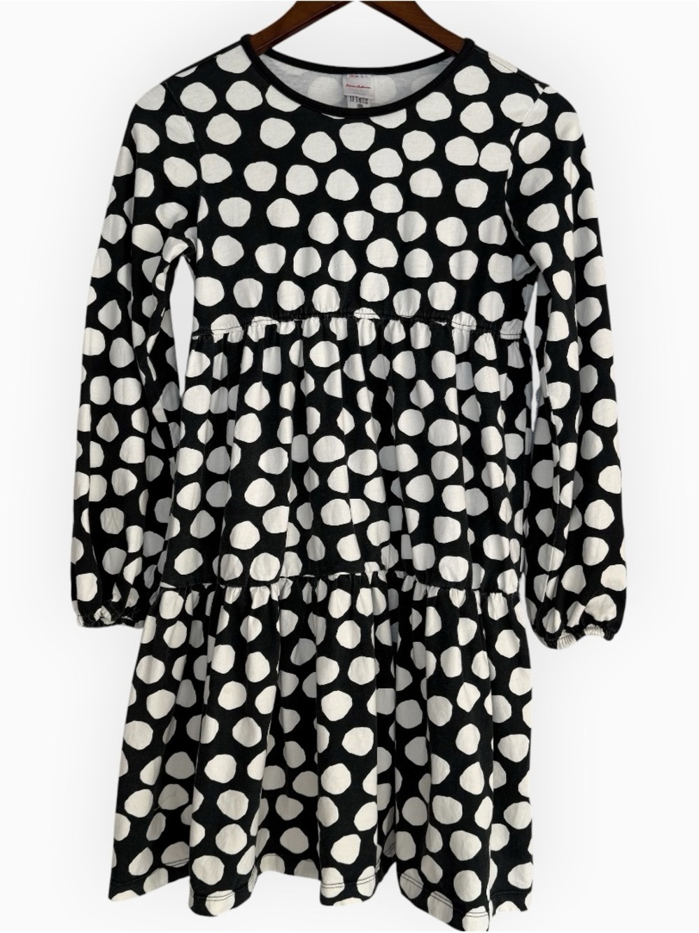 Hanna Andersson Size 12 Black White Big Polka Dot Long Sleeve Tiered Midi Dress